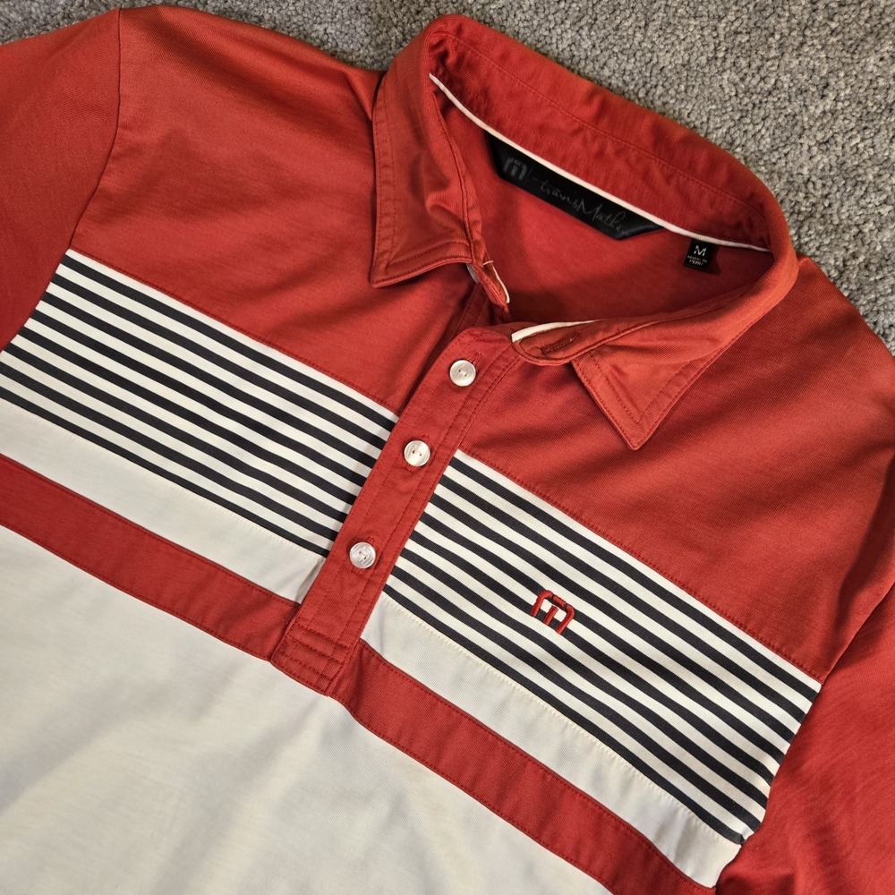 Travis Mathew Mens Red, Black & White Stripe Short Sleeve Polo Size Medium